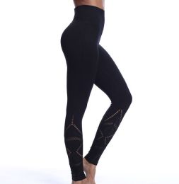 Leggings High Waist Hips Tight Stretch Openwork Quick Dry Fitness Yoga Pants Slim (Color: Black)