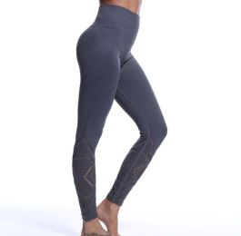 Leggings High Waist Hips Tight Stretch Openwork Quick Dry Fitness Yoga Pants Slim (Color: Gray)