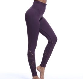 Leggings High Waist Hips Tight Stretch Openwork Quick Dry Fitness Yoga Pants Slim (Color: Purple)