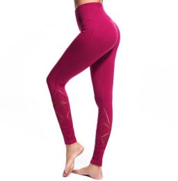 Leggings High Waist Hips Tight Stretch Openwork Quick Dry Fitness Yoga Pants Slim (Color: Red)